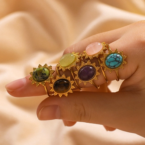 Vintage Sonnenblume Naturstein Edelstahl Verstellbarer Offener Ring Damen Böhmisch Türkis Tigerauge 18K Vergoldet