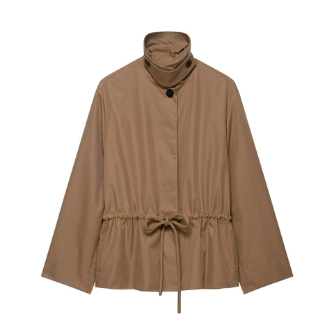 Damen Stehkragen Jacke Polyester Kordelzug Taille Einreihig Langarm Retro Parka Stil
