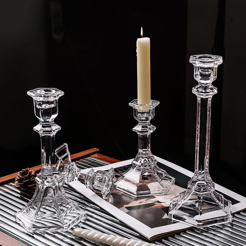 Bougeoir En Verre Nordique Chandelier Transparent Décoratif Nervuré Rétro Pour Table Mariage Fête Décoration Maison