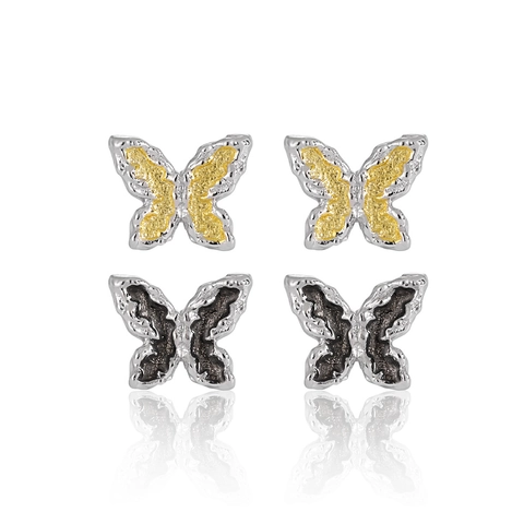 Vintage 925 Sterling Silver Butterfly Stud Earrings For Women Gothic Black Gold Enamel Jewelry Edgy Small Animal Earrings