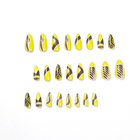 Uñas Postizas Almendradas Amarillas Con Líneas Geométricas Patrón Abstracto Brillante Largas Stiletto Uñas Artísticas Para Mujeres