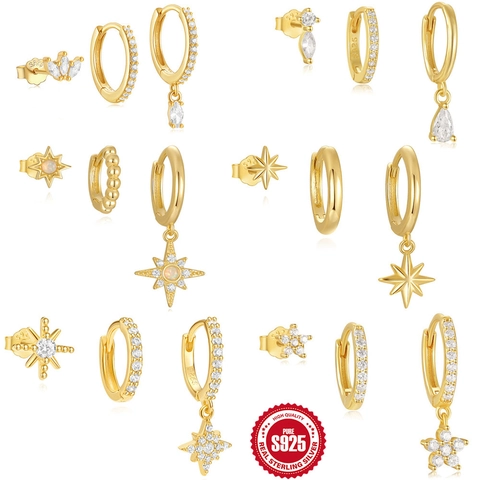 925 Sterling Silver Octagram Star Earrings Set Gold Plated Zirconia Opal Hoop Earrings Star Stud Earrings Jewelry For Women