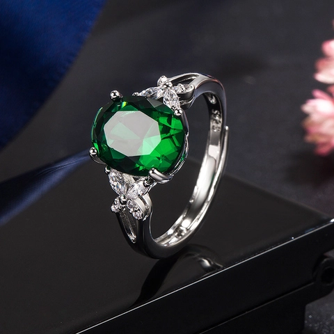 Adjustable Oval Zircon Ring For Women Copper Band With Emerald Green Or Sapphire Blue Synthetic Stones Elegant Vintage Jewelry