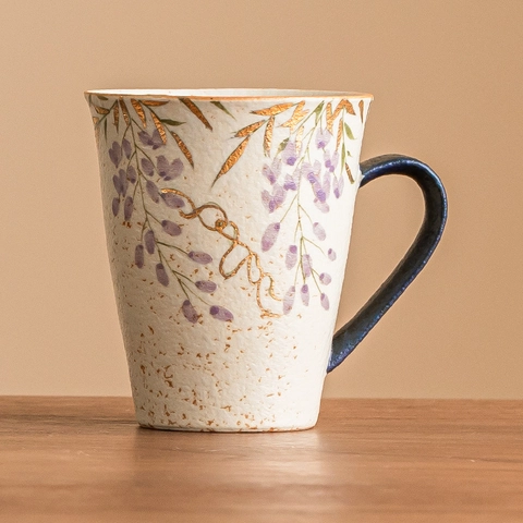 Vintage Ceramic Mug Hand Painted Gold Trace Wisteria Flower Matte Rock Texture Water Cup With Handle For Tea Coffee