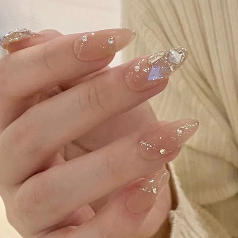 Press On Nails Almond Shape Nude Pink Aurora Square Rhinestone Glitter French Style Long Wearable
