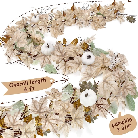 Artificial Maple Leaf Garland With White Pumpkins Berries Satin Plastic Thanksgiving Harvest Fall Decor Mantle Fireplace Home