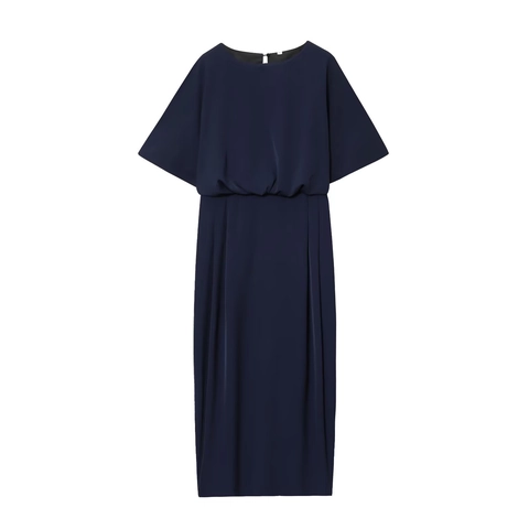 Vestido Midi Azul Marino Manga Corta Cuello Redondo Plisado Cintura Alta Poliéster Elegante Color Sólido Cremallera