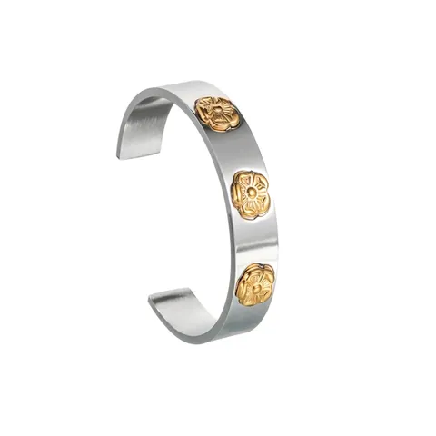 Neuer Chinesischer Stil Edelstahl Offener Armreif Für Damen Zweifarbig Gold Silber Blumenrelief C-Form Armband Schmuck