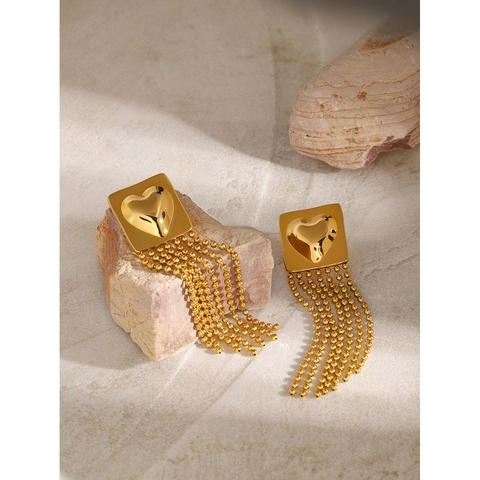18K Gold Plated Stainless Steel Tassel Earrings Heart Square Relief Waterproof Hypoallergenic Trendy Drop For Women
