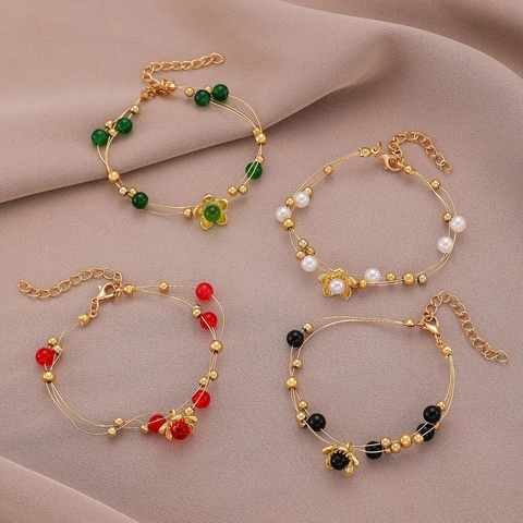 Pulsera de Flores de Cuentas de Perlas Artificiales de Aleación Vintage para Mujer Estilo INS Joyas de Mano de Oro Multicapa Accesorio de Primavera Verano