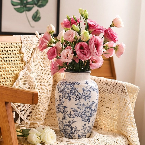 Blue And White Porcelain Ceramic Vase Vintage Ice Crackle Glaze Floral Pattern Decorative Flower Pot For Home Living Room Table Centerpiece