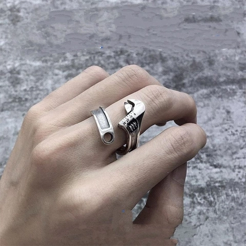 Creative Wrench Shape Ring For Women Vintage Antique Silver Color Adjustable Open Alloy Jewelry Industrial Style Novelty