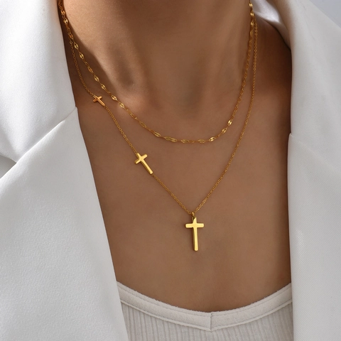 Collana A Doppio Strato In Acciaio Al Titanio Pendente A Croce Choker Minimalista Per Donna Gioielli Alla Moda