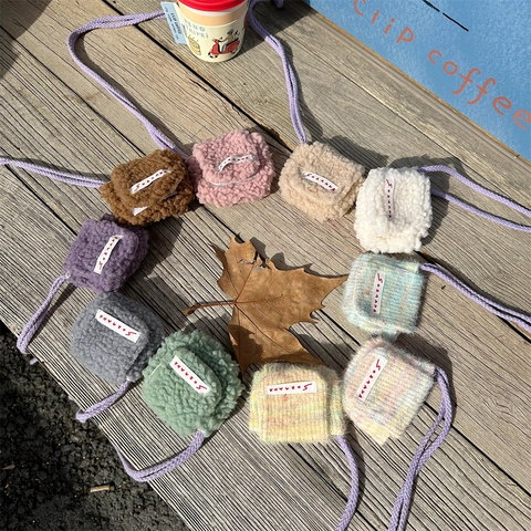Mini Plush Earphone Bag Wireless Earphones Storage Lamb Wool Neck Hanging Coin Purse Flip Cover Small Portable