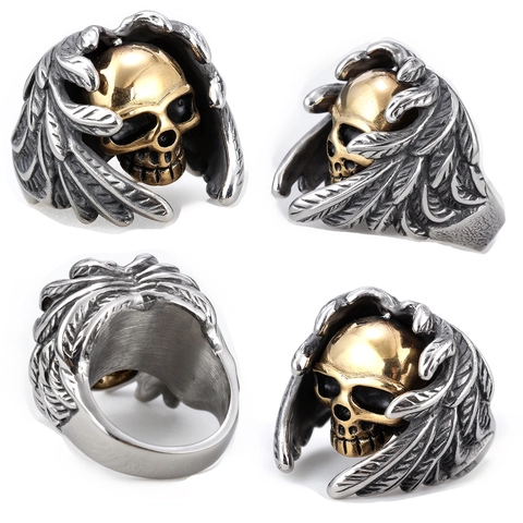 Punk Totenkopf Flügel Ring Edelstahl Vintage Gothic Biker Schmuck Für Herren Und Damen Gold Silber Kontrast Mode