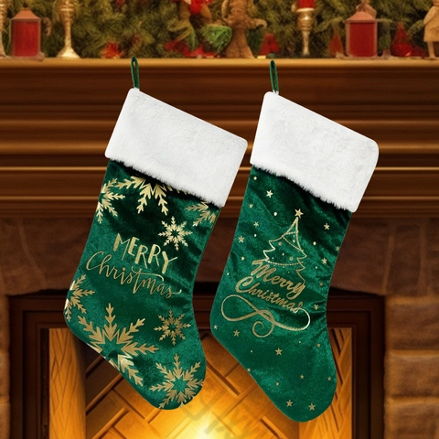 Calze Di Natale Velluto Stampa In Oro Fiocco Di Neve Albero Di Natale Polsino In Pelliccia Sintetica Ornamenti Da Appendere