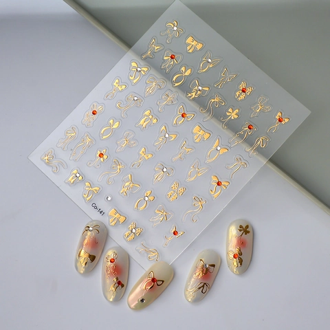 5D Relief Nail Art Stickers Gold Bowknot Ribbon Design Rhinestone Waterproof DIY Manicure Decor French Sweet Elegant
