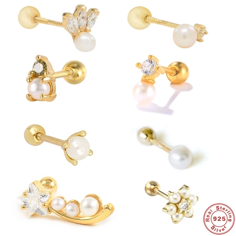 925 Sterling Silver Cartilage Stud Earrings Minimalist Zirconia Artificial Pearl Screw Back Ear Piercing Jewelry For Women