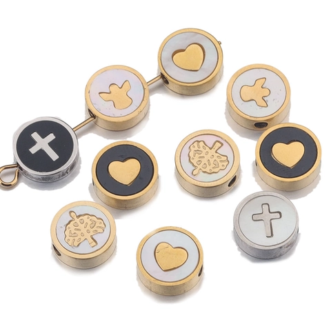 Perline Rotonde In Smalto Di Acciaio Inossidabile Modelli Cuore Croce Albero Della Vita Angelo DIY