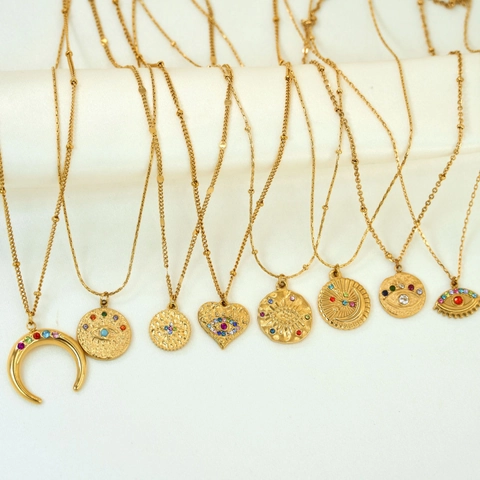 Collana Con Pendente Bohemien Vintage In Acciaio Inossidabile Placcato Oro Zirconi Colorati Malocchio Sole Luna Cuore Donna