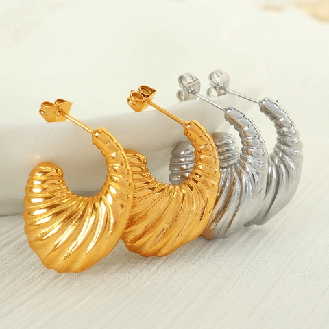 Retro Gerippte Edelstahl Ohrringe Damen Strukturierte Geometrische Croissant Stil Gold Silber Vergoldet Schmuck