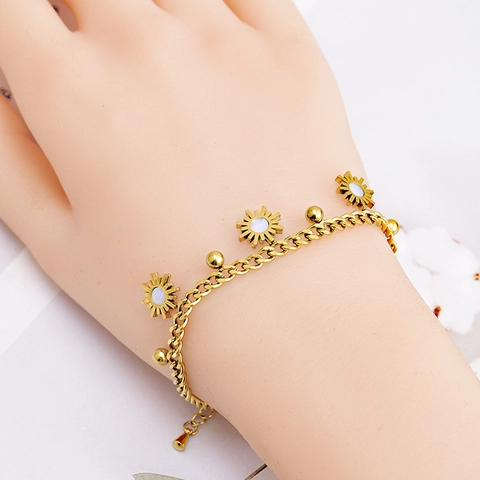 Bracciale a Girasole in Acciaio al Titanio Oro Bohémien Con Intarsio di Conchiglia Catena Regolabile a Sfere Gioielli di Moda per Donna