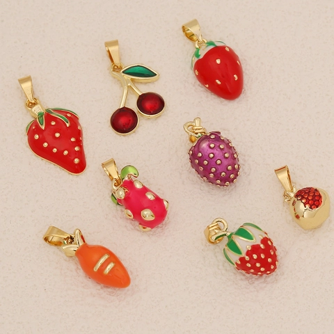 Cute Fruit Pendants Brass Enamel Strawberry Cherry Charms For DIY Jewelry Making Findings Sweet Style