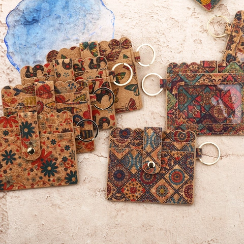 Portacarte in Pelle PU con Motivo Sughero Vintage per Donna Mini Portafoglio con Stampa Floreale Bohemien con Portachiavi in Metallo