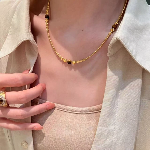 Tiger Eye Stone Beaded Necklace 18K Gold Plated Copper Chain Retro Vintage Style Clavicle Jewelry For Women