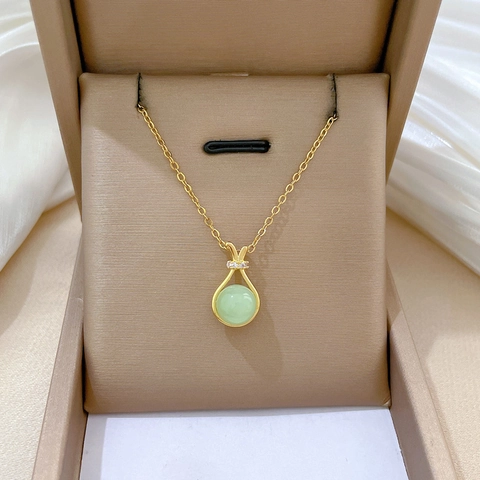 Anhänger Halskette Edelstahl Kupfer Grün Rund Jadeit Stein Strass Glücksbeutel Eleganter Schmuck Für Frauen