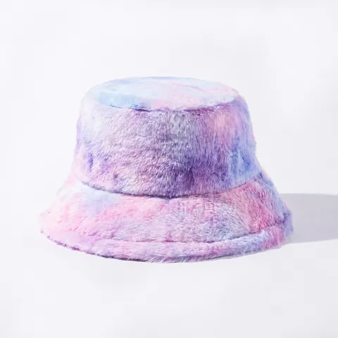 Women Men Tie Dye Faux Fur Bucket Hat Winter Warm Plush Fisherman Hat Soft Fuzzy Pan Hat Outdoor Travel Fashion Accessories