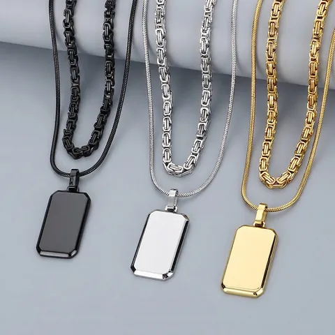 Men's Minimalist Double Layer Stainless Steel Dog Tag Pendant Necklace Gold Plated Rectangle Brick Square Necklaces Jewelry