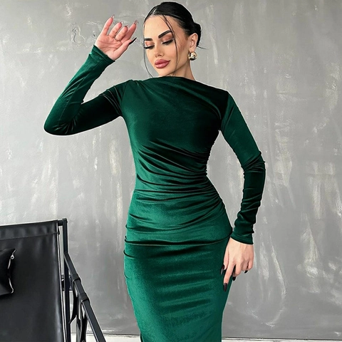 Damen Samt Langarmkleid Raffung Slim Fit Rundhals Einfarbig Elegant Midi Abend Herbst