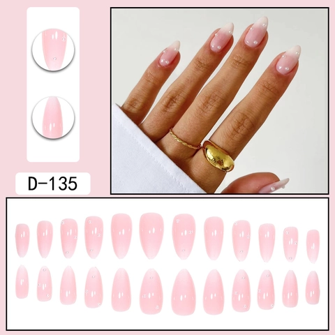 Mandelform Press On Nägel Rosa Weißer Farbverlauf Künstliche Perlen Elegante Tragbare Falsche Nägel Für Frauen