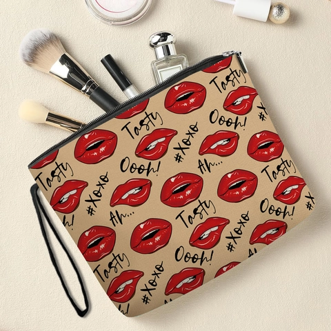 Rode Lippen Print Linnen Make-up Tas Vrouwen Draagbare Reis Cosmetische Pouch Rits Letter Print Schoonheid Organizer
