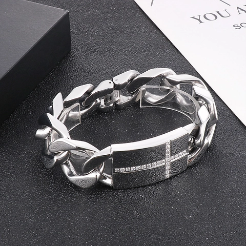 Men Stainless Steel Cuban Link Bracelet With Rhinestone Cross Infinity ID Plate Hip Hop Punk Fashion Jewelry