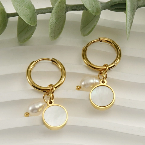 Orecchini A Cerchio Con Perla D'acqua Dolce E Pendenti In Madreperla Acciaio Inossidabile Placcato Oro Gioielli Vintage