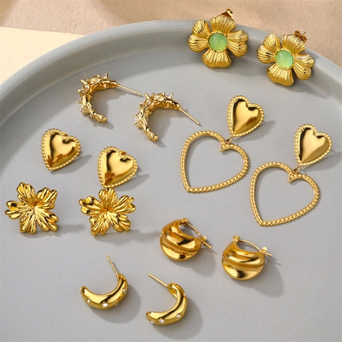 Roestvrij Stalen Vergulde Hart Bloem Oorknopjes Voor Vrouwen Strass Smaragdgroene Edelsteen Moderne Mode Sieraden