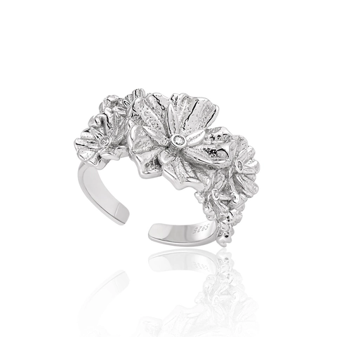 925 Sterling Silver Flower Open Ring For Women Elegant Zirconia Floral Adjustable Retro Flower Artificial Pearl Jewelry