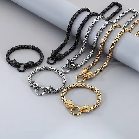 Collar Y Pulsera Para Hombre De Acero Inoxidable Cadena Bizantina Con Cierre De Cabeza De León Joyas Hip Hop Punk