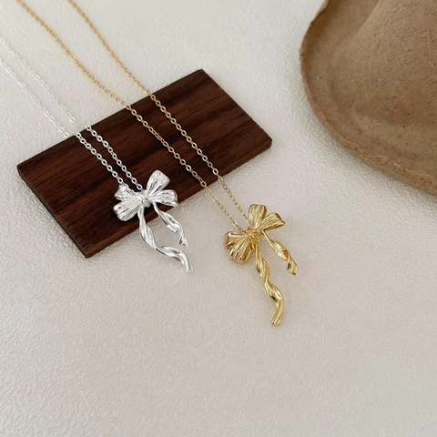 Elegant Bowknot Pendant Necklace 925 Sterling Silver Korean Ins Style Minimalist Ribbon Jewelry For Women