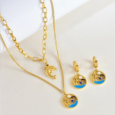 Ensemble Collier et Boucles d'Oreilles en Acier Titane à Double Couche Style Océan Avec Pendentif Dauphin Bijoux Femmes