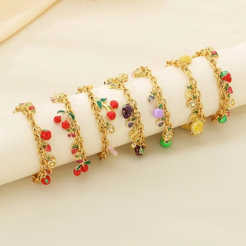 Stainless Steel Gold Plated Charm Bracelet With Fruit Zircon Enamel Charms For Women