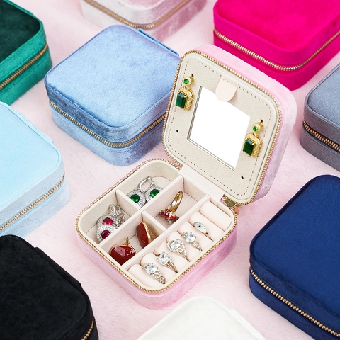 Portable Jewelry Box PU Leather Velvet Lining With Mirror Zipper Closure Travel Small Case For Rings Earrings Organizer