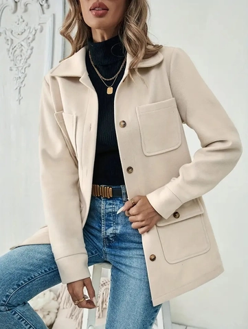 Chaqueta Camisa Elegante Mujer Color Sólido Textura Lana Solapa Abotonada Bolsillos Múltiples Ropa Exterior Casual