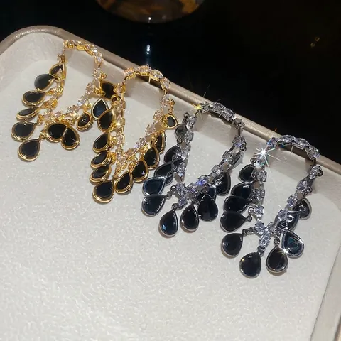 Vintage Royal Style Chandelier Dangle Earrings With 925 Sterling Silver Earring Post Copper Zircon Black Teardrop Luxury