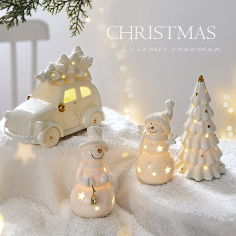 Weihnachts Keramikfigur LED Leuchtender Schneemann Baum Auto Desktop Deko Weiß Glasiert Warmes Glühen Elegantes Ornament