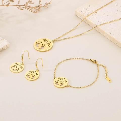 Gioielli In Acciaio Inossidabile Collana Orecchini Bracciale Lucidato MOM Cuore Impronta Neonato Pendente Tondo Cavo Festa Della Mamma Regalo