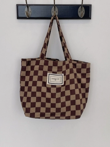 Corduroy Schachbrett Tote Bag Vintage Handtasche Mit Gewebtem Etikett Innentasche Lässig Damen