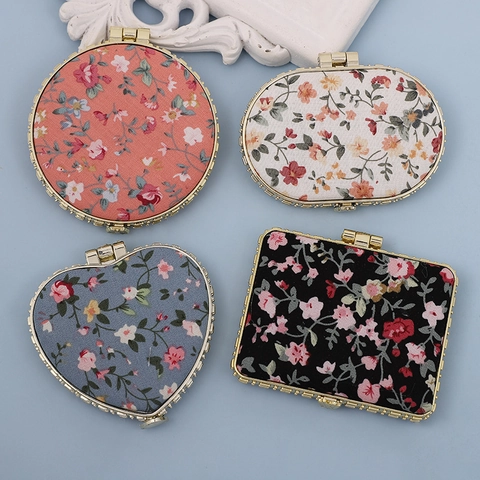 Portable Foldable Makeup Mirror Floral Fabric Gold Metal Frame Vintage Pocket Double Sided Compact Travel Beauty Tool